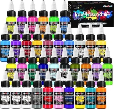 Produktbild von 34-Farben-Airbrush-Farben-Set – Acrylfarben auf Wasserbasis mit 2 Verdünnern – Perlmuttfarben – Premium-Set für Anfänger – DIY-Projekte – 20 ml/Flasche