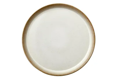 A top-down view of a single cream-colored plate with a brown rim, isolated on a white background.