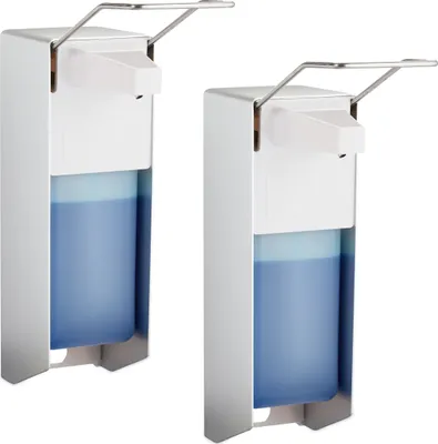 Produktbild von Relaxdays Desinfektionsspender, 2er Set, 1000 ml, Eurospender für Desinfektionsmittel & Seife, Wandmontage, silber/weiß