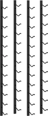 Four black metal wine racks are shown vertically against a white background.