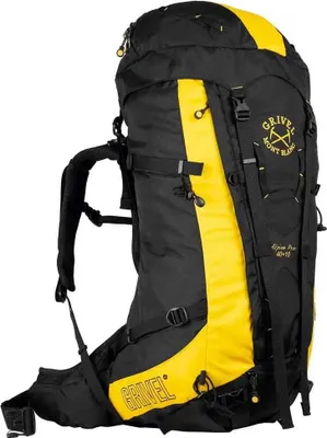 A black and yellow backpack is shown against a white background.