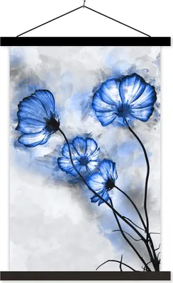 Produktbild von MuchoWow® Textilposter Blumen - Aquarell - Blau 60x90 cm mit schwarzem Rahmen - Poster Wohnzimmer