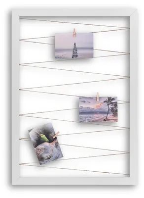 Produktbild von Fotohalter Pinnwand Fotorahmen (Hochformat) mit Juteband 20 Holzklammern Bilderrahmen inklusive CLAMARO Collage Flex, Flex Farbe:Weiß Matt, Quer/Hochformat Größe:40x60cm (Hochformat)