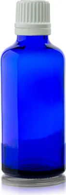 Immagine prodotto di Flacone in vetro blu da 50 ml con contagocce bianco, filettatura 18/415