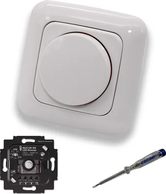 Produktbild von Busch Jäger 6523UR-103 LED-Drehdimmer LED-Dimmer mit Dimmerscheibe Zentralplatte 2115-214 Einfachrahmen in Reflex Si alpinweiß glänzend inklusive EBROM Phasenprüfer zur Montage des Dimmers 6523 UR-103