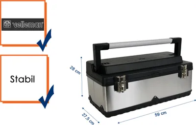 Produktbild von Perel Werkzeugkasten, Edelstahl, Aluminiumgriff, herausnehmbarer Werkzeugträger, Metallverschlüsse,