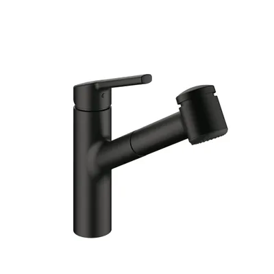 A black kitchen faucet with a pull-out spray head is shown against a white background.