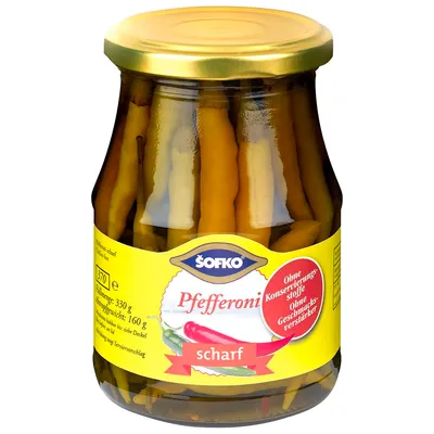 Produktbild von Sofko Pfefferoni ganze grüne scharf Pefferoni mit Stiel 330ml