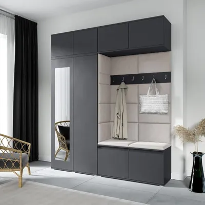 Produktbild von Garderoben-Set NIKOLA Kleiderschrank mit Polsterplatten, Schuhschrank und Schrankaufsatz 90cm Ideal für Flur und Eingangsbereich (Graphit, Trinity 01)