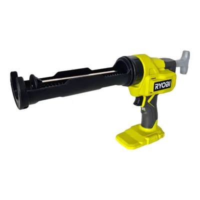 A yellow and black cordless caulk gun is shown against a white background.