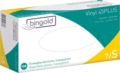 Produktbild von Bingold Vinyl 45PLUS Einmalhandschuhe Vinylhandschuhe, transparent - S / Transparent | Packung (100 Handschuhe) - B08CRZ4T2S