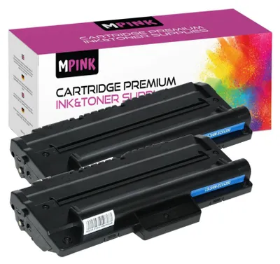Two black toner cartridges are shown in front of a pink and white box with colorful powder graphics.