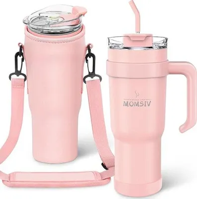 Zdjęcie produktu dla Termos do kawy, 1100 ml, nierdzewny, dwuścienny, próżniowy, szczelny, do gorących i zimnych napojów, różowy, z uchwytem