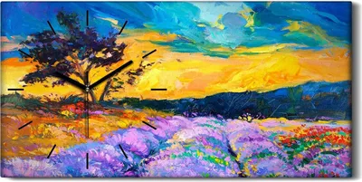 Produktbild von Küchenuhr Bürouhr Leinwand Uhr 60x30 Gemälde Wiese Baum Himmel Sonnenuntergang - schwarze Hände