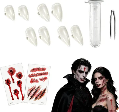 Productafbeelding van Vampiertandset - Littekens wonden - Tattoo - 4 paar Halloween - Vampiertanden - 4 maten - Cosplay - Party - Rekwisieten