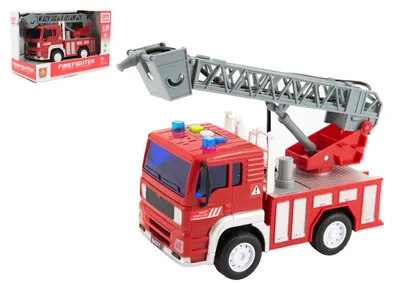 Produktbild von Feuerwehrauto mit Wassersprühfunktion, 20 cm, Kunststoff, mit Schwungrad und Batteriebetrieb, mit Sound und Licht, im Karton 24 x 16 x 12 cm