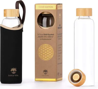 Produktbild von Lotus Vita Glas-Trinkflasche Gold-Edition 580ml  - Braun/Schwarz