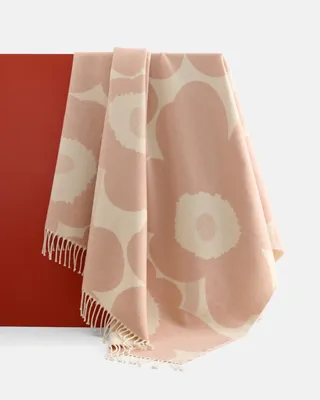 Productafbeelding van Marimekko Unikko wollen deken, 130x180 cm, roze, zachte deken met franjes, jacquardweefsel