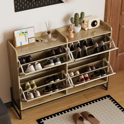 Produktbild von STILVORA Schuhschrank mit 4 Klapptüren,Schuhregal mit Stauraum,Aufwahrungsschrank Wohnzimmerschrank mit Speicherplattform,Natur