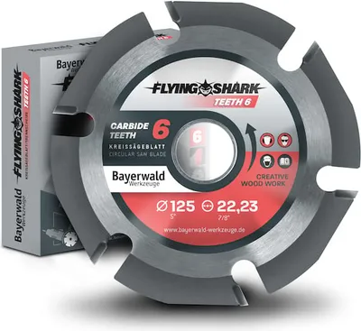 A circular saw blade and its packaging are displayed against a white background.