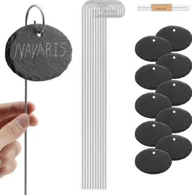 Produktbild von Navaris 10x Schiefer Pflanzenschilder mit 40cm Metallstab - mit Kreide - 10 x 7cm - Pflanzenstecker zum Beschriften - Garten Schiefertafel Schilder -