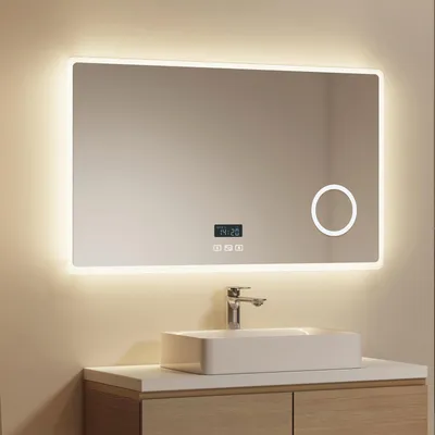 Image de EMKE Miroir de salle de bain avec grossissement 3X Interrupteur tactile 3 couleurs de lumière Variable Horloge antibuée Bluetooth 100X60cm