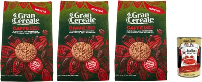 Produktbild von Gran Cereale Biscotti con Caffè 100% Arabica e Cioccolato Fondente con Fave dell'Ecuador, Kekse mit Kaffee und dunkle Schokolade 3x 280g + Italian Gourmet polpa 400g