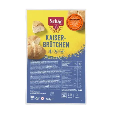 Produktbild von Dr. Schär Kaiserbrötchen, 240 g, Senf, Soja, Maisstärke , Wasser , Sauerteig (Reismehl, Wasser) 13% , pflanzliche Faser (Psyllium) , Hirsemehl..., Palmöl, Konservierungsmittel, 246 kcal, 1036 kJ