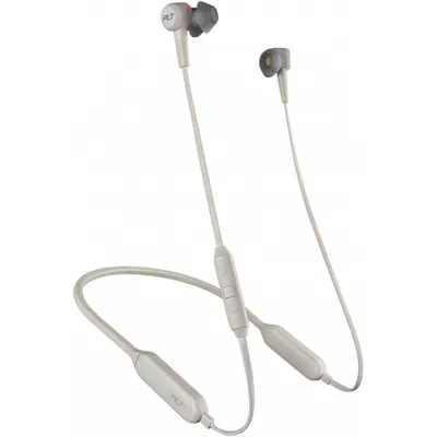 A pair of gray wireless earbuds with a white neckband and inline controls, shown against a white background.