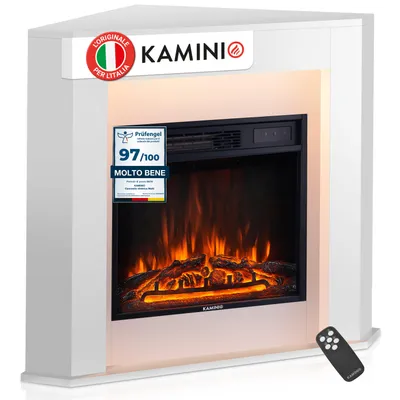 Immagine prodotto di KAMINIO Camino elettrico MATTI - Camino elettrico angolare con riscaldamento, effetto fiamma 3D, luce d'atmosfera a LED, telecomando - angolare, bianco