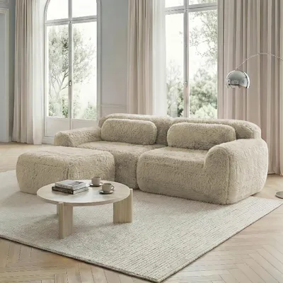 Produktbild von Plüsch-Sofa L-Form, 2-Sitzer, modular, frei kombinierbar, mit Kissen, 204 x 179 x 73 cm, Khaki