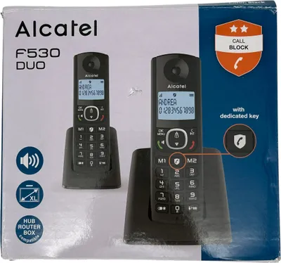 Produktbild von ALCATEL F530 Duo – Schnurloses DECT-Telefon-Set – Großes beleuchtetes Display – Freisprechfunktion – Anrufsperrfunktion – 2 Direktwahltasten – 2 Mobilteile – Schwarz