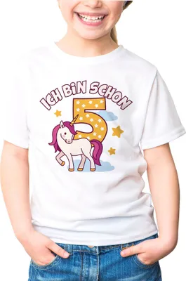 Produktbild von Kinder T-Shirt Mädchen Einhorn Alter Zahl Spruch Ich bin schon (3-8) Geschenk zum Geburtstag für Mädchen Moonworks® 5. Geburtstag weiß 141-152 (11-12 Jahre)