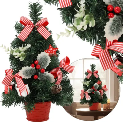 Produktbild von KLEIN künstlicher Weihnachtsbaum, rot mit Stechpalmen im Topf, GESCHMÜCKT 40 cm