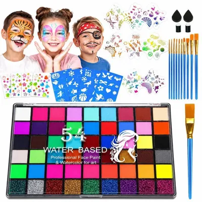 Produktbild von Kinderschminke Set 54 Farben Wasserbasis mit Pinseln & Schablonen