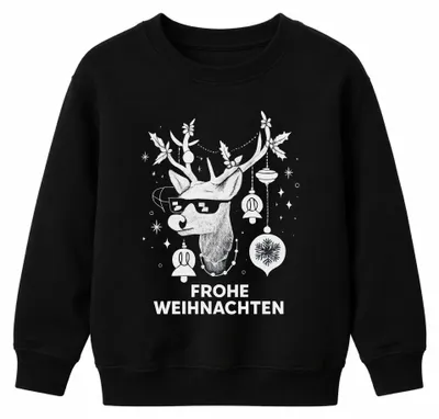 Imagen del producto de FELIZ NAVIDAD. Sudadera con cuello redondo para niños, diseño de reno con gafas de sol y adornos navideños, uni, color negro, talla 104
