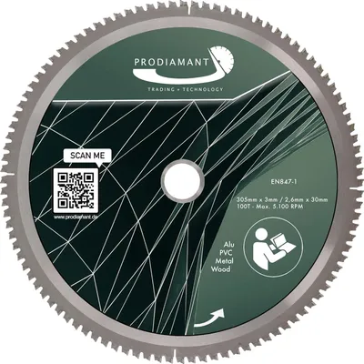 Immagine prodotto di Lama circolare PRODIAMANT 305 mm per legno, metallo e alluminio con denti HM TCT