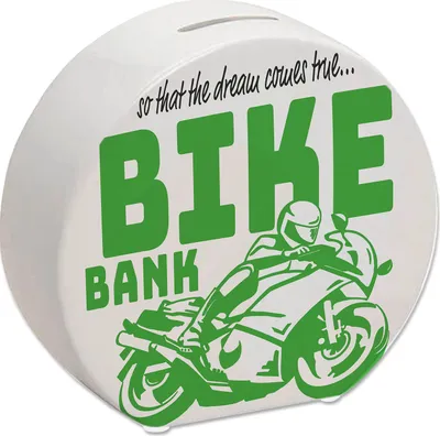 Produktbild von Bike Bank Spardose in grün zum Thema Motorradkauf und Motorrad fahren