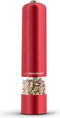 A red electric pepper grinder filled with peppercorns.