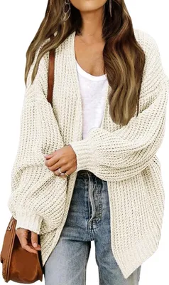 Produktbild von ASKSA Damen Cardigan Strickjacke Offene Front Strickpullover Elegant Laternenaermel Einfarbig Oversized Casual Strick Cardigan Strickmantel,Beige,XL