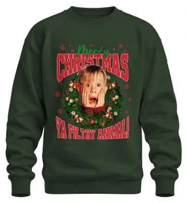 Zdjęcie produktu dla Świąteczny sweter/bluza "Wesołych Świąt, brudasku" z filmu "Sam w domu", kolor butelkowej zieleni, rozmiar L