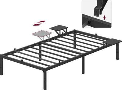 A bed frame with attachable side tables.