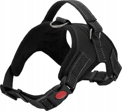 A black dog harness is shown against a white background.
