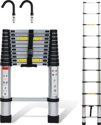 Obrázok produktu pre TolleTour teleskopický rebrík strieborný 3,2 m s hákmi Výsuvný rebrík do 150 kg Robustný hliníkový rebrík Multifunkčný rebrík Štafle