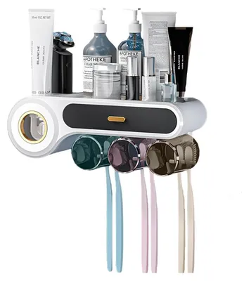Image de Support pour brosses à dents magique, sans perçage, avec 3 récipients de rangement et un distributeur de dentifrice