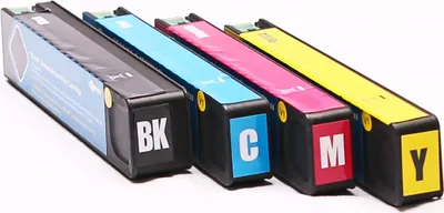 Four ink cartridges arranged diagonally on a white background.