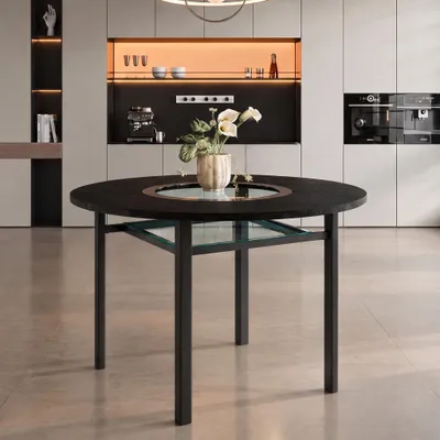 Productafbeelding van Eettafel van rundvleeslook, diameter 100 cm, geschikt voor 2-4 personen, met glazen blad en metalen frame (zwart)