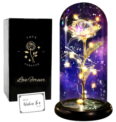 Produktbild von Ewige Rose in Glas Synthetische Blume LED Beleuchtetes Geschenk Romantisch Goldene