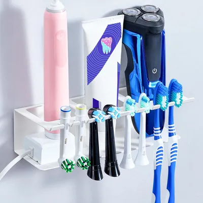 Image de Support mural autocollant pour brosses à dents électriques – 4 emplacements ou plus – plastique – blanc