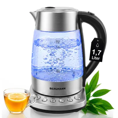 Zdjęcie produktu dla Szklany czajnik BERGMANN FR005 1,7L do kuchni, czajnik elektryczny o mocy 2200W z funkcją podtrzymywania temperatury i panelem sterowania w podstawie